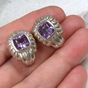 Sterling Silver Judith Ripka Ribbed Amethyst Omega Back Pierced Earrings